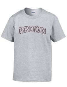 A gray t-shirt with brown on it.