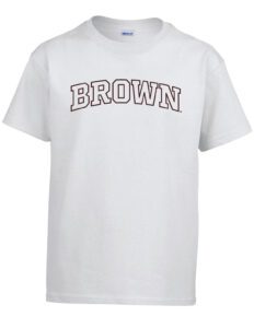 A white t-shirt with brown writing on it.