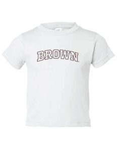 A white t-shirt with brown on it.