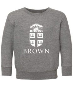 A gray sweatshirt with the word brown on it.