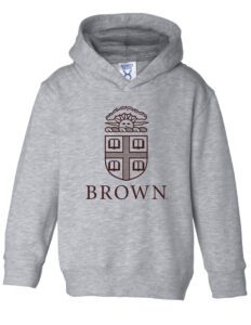 A gray hoodie with brown and white lettering.