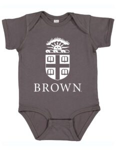 A baby onesie with the name brown printed on it.