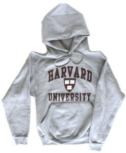 A harvard university sweatshirt with the hood up.