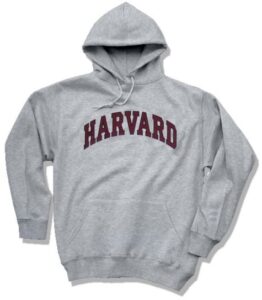 A harvard sweatshirt is shown on the front of it.