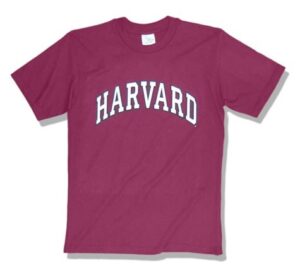 A maroon shirt with the word harvard on it.