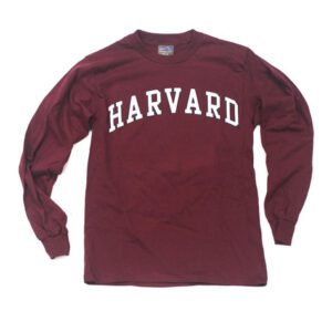 A maroon long sleeve shirt with the word harvard on it.