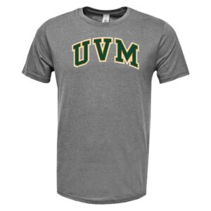 A gray t-shirt with the letters uvm on it.