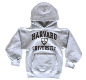 A gray hoodie with the harvard university logo on it.