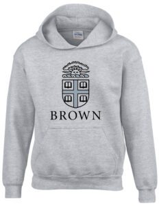 A gray hoodie with the name of brown on it.