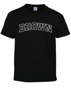 A black t-shirt with the word brown on it.