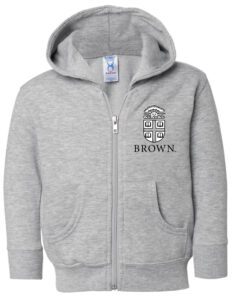 A gray zip up hoodie with brown on the front.