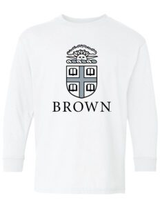 A white long sleeve shirt with the word brown on it.