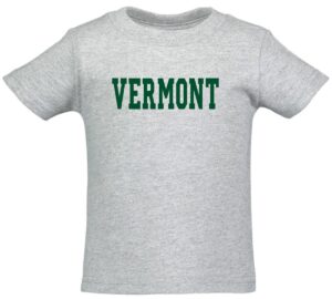 A t-shirt with the word vermont written in green.