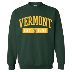 A green vermont sweatshirt with the word " vermont " on it.