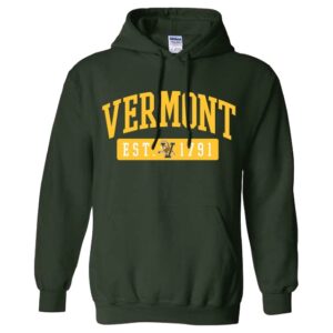 A green hoodie with the word " vermont " on it.