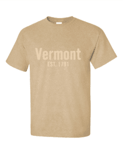 A tan t-shirt with the word vermont est. 1 7 9 1 printed on it