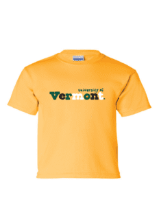 A yellow shirt with the university of vermont logo on it.