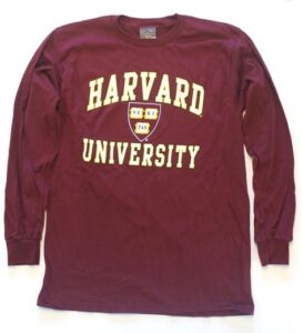 Crimson long-sleeve Harvard University t-shirt.