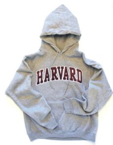 Grey Harvard University hooded sweatshirt.