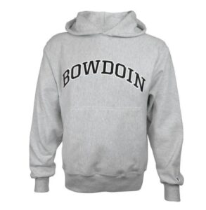 Gray Bowdoin College hoodie with logo.