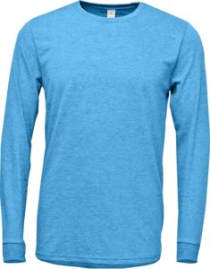 Blue long-sleeved t-shirt on white background.