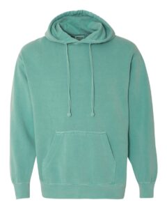 Teal hooded sweatshirt with pouch pocket.