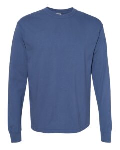 Blue long-sleeved t-shirt on white background.