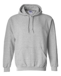 Gray hooded sweatshirt with pocket.