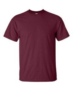 Plain maroon short-sleeved t-shirt.